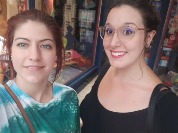 Marianna and Kristen Zaza of On A Dark Cold Night Podcast outside Treasure Island Toys in Toronto