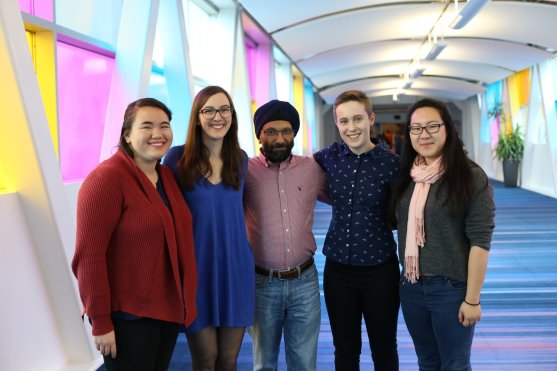 From left to right: Sabrina Bertsch (Managing Producer), Erin Guerette (Digital Producer), Harvinder Wadhwa (Co-Host), Elena Hudgins Lyle (Co-Host and Audio Producer), Cindy Long (Editor and Audio Producer)